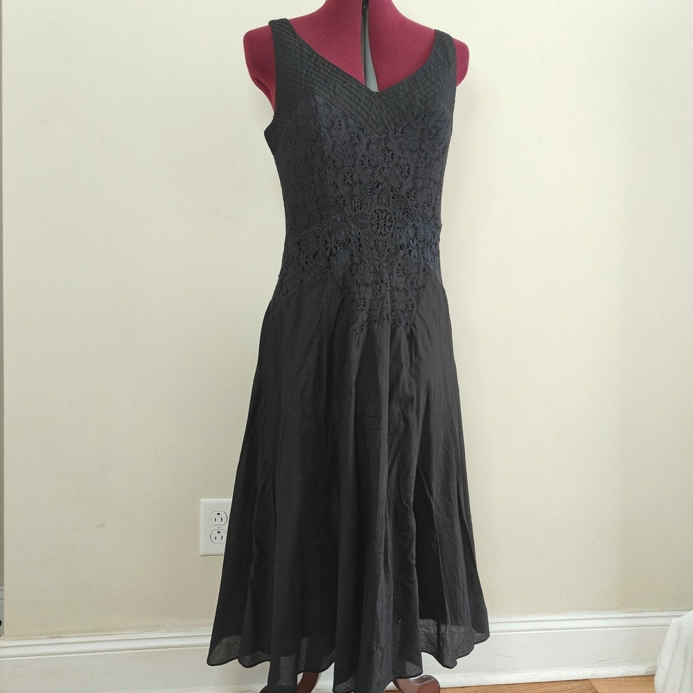 Nine West Fit and Flare Dress Black Cotton Lace V-Neck Sleeveless Midi Goth SZ 8